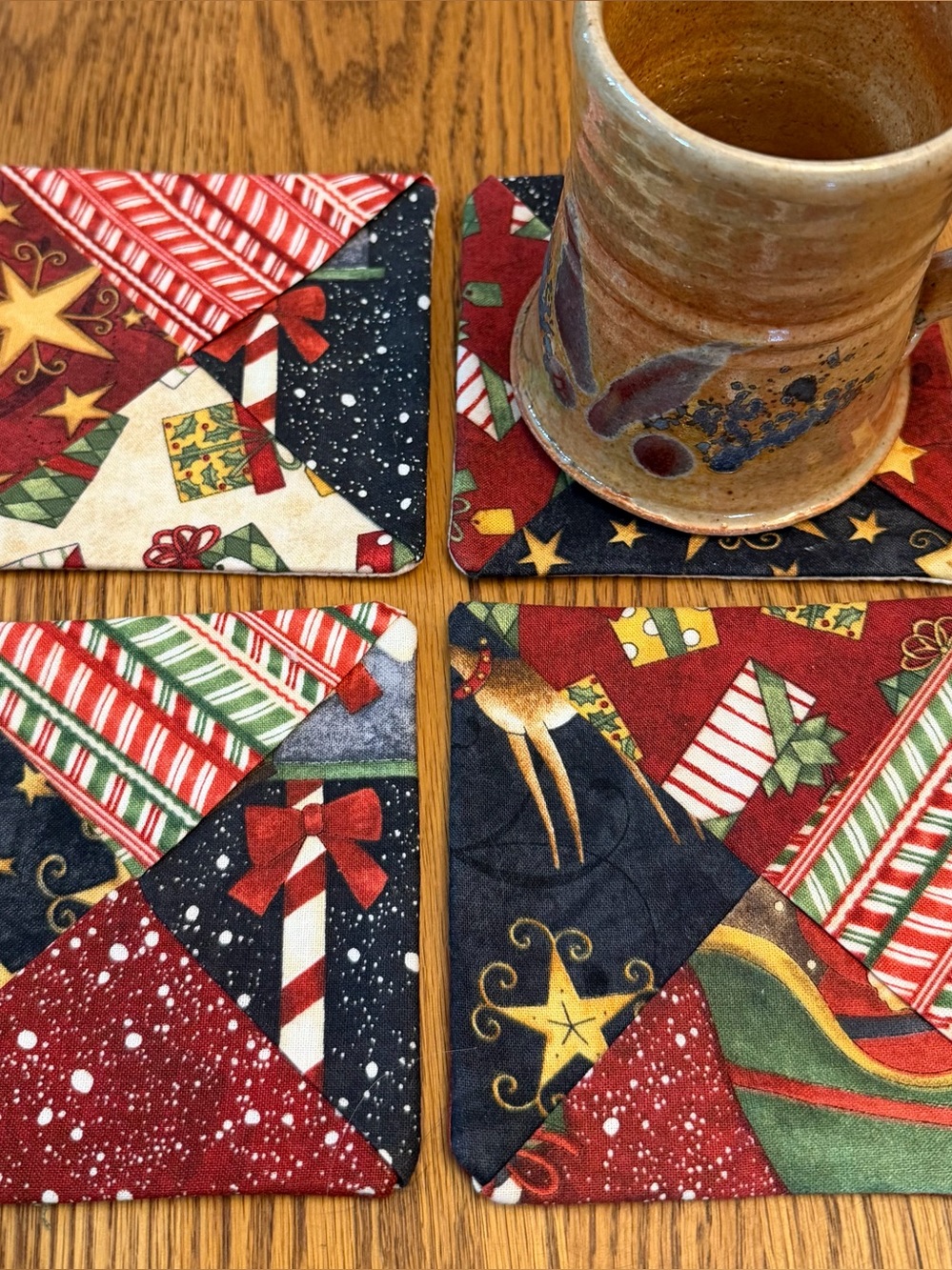 Holiday Patchwork Coasters -   Hand made fabric Christmas drink coaster set